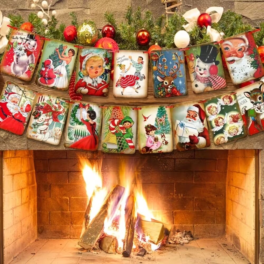 Vintage Inspired Retro Christmas Banner 1960s Paper Garland Santa Holiday Decor